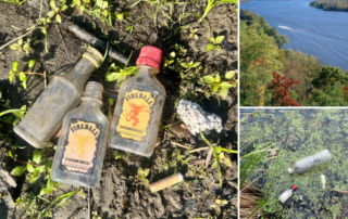 Collage of three images including discarded and dirty nip bottles on the ground, plastic bottles floating in the water, and a landscape photo of the Connecticut River.